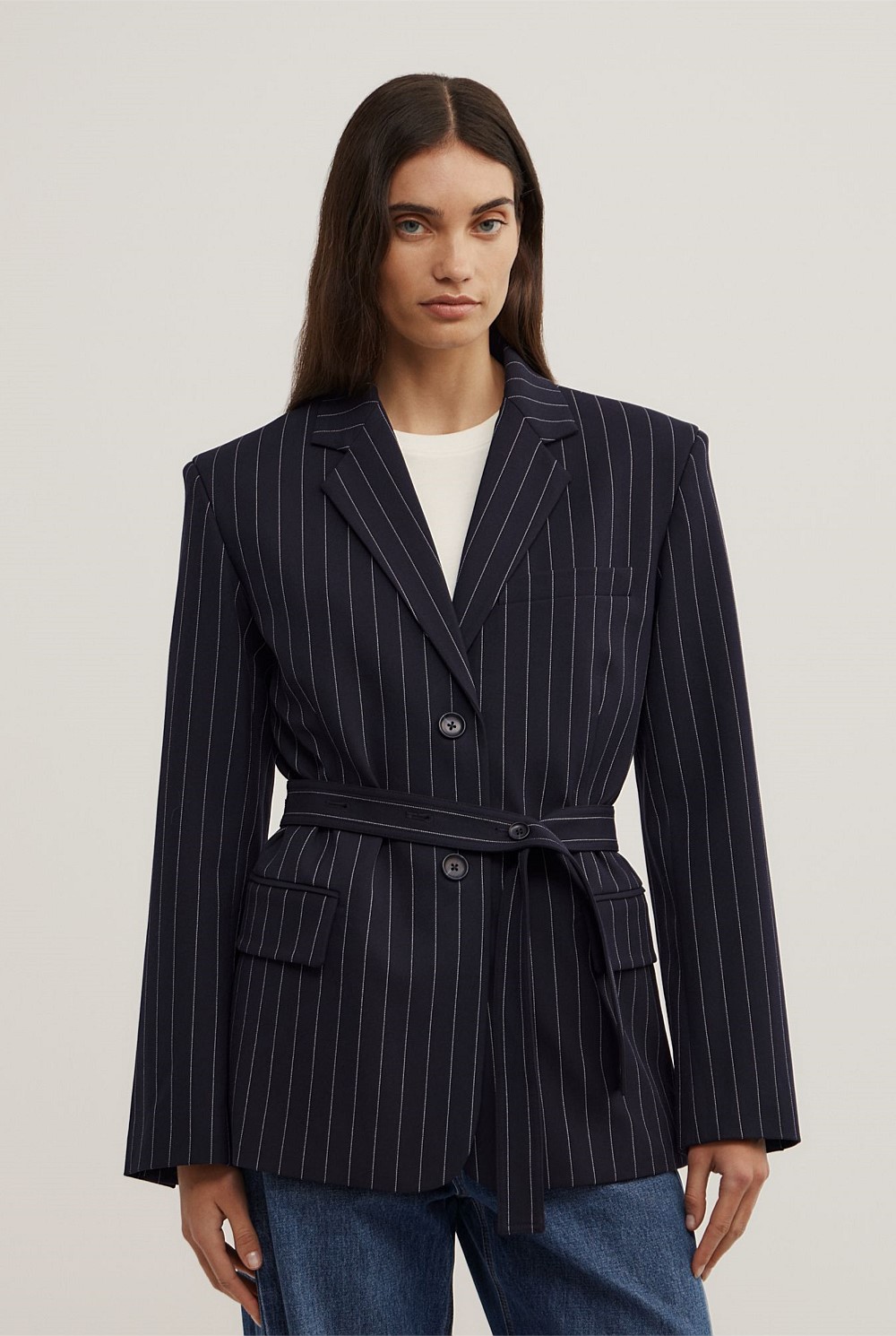 Belted Pinstripe Blazer