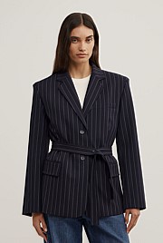 Belted Pinstripe Blazer