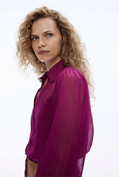 Deep Magenta Silk Linen Blouse - Women's Evening Shirts | Witchery