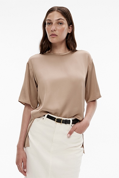 Pebble Satin Woven Tee - Women's Short Sleeve Tops | Witchery