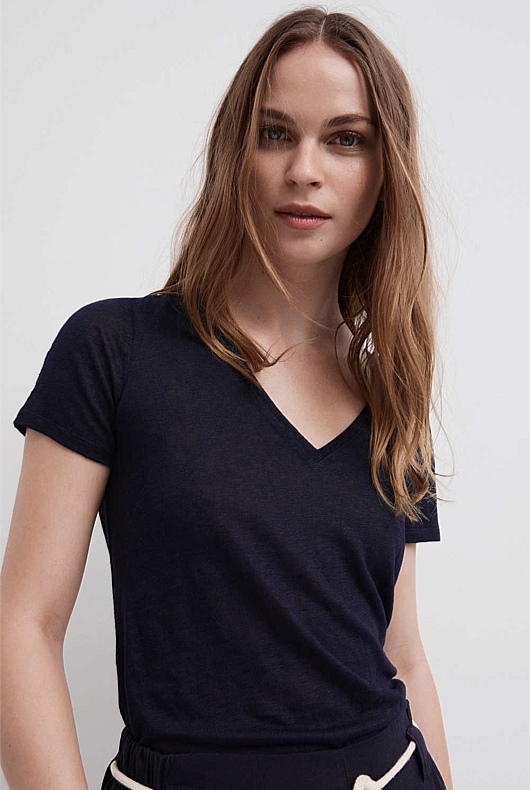 Lead Blue Linen V Neck Tee - Women's Short Sleeve Tops | Witchery