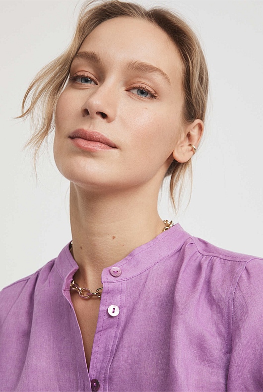 Bright Purple Linen Gatherd Yoke Blouse Women's Long Sleeve Shirts