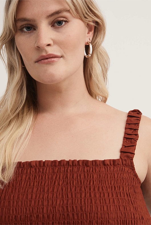 Burnt Red French Linen Shirred Tank Women's Sleeveless Tops Witchery