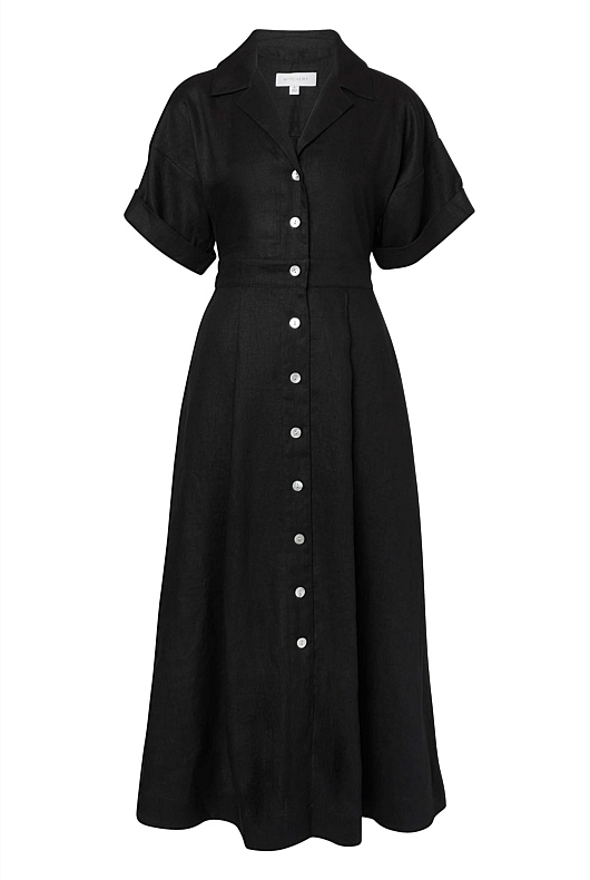 Black Linen Tab Sleeve Shirt Dress Women's A Line Dresses Witchery