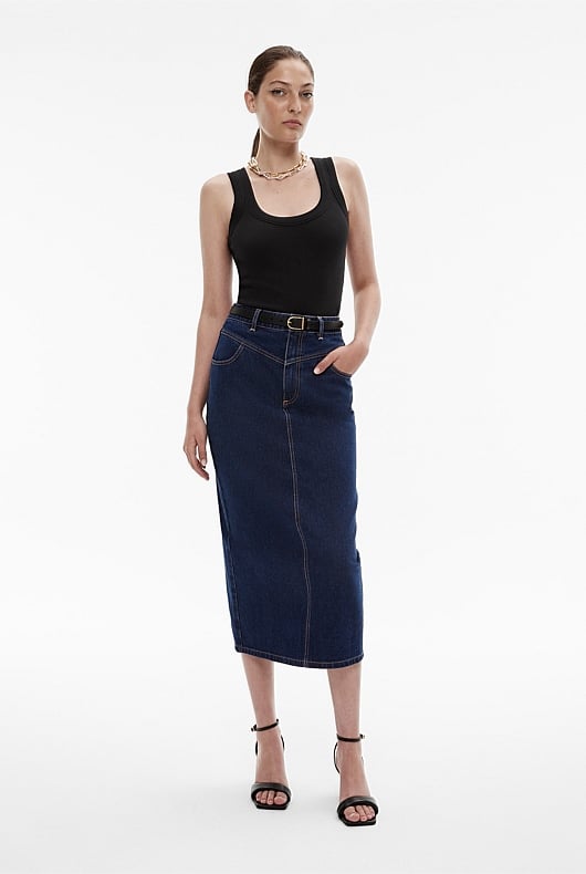 Dark Indigo Yoke Front Longline Denim Skirt Women's Denim Skirts