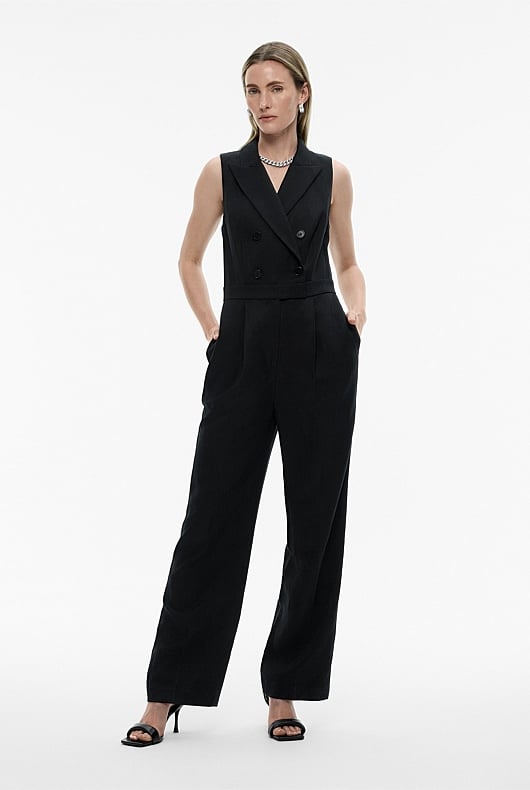 Black Linen Blend Tuxedo Jumpsuit Women's Summer Event Outfits Witchery
