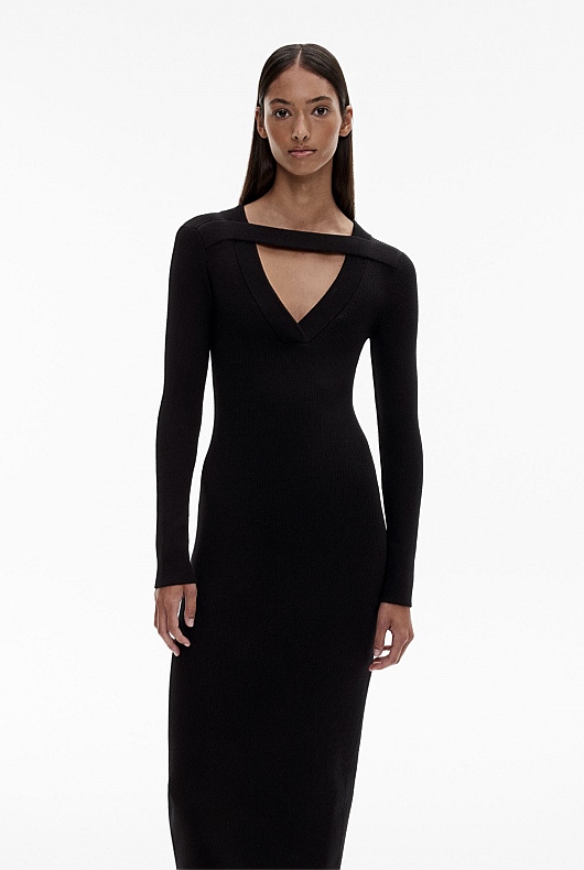 Black Knit V Neck Cut Out Dress - Women's Black Dresses | Witchery