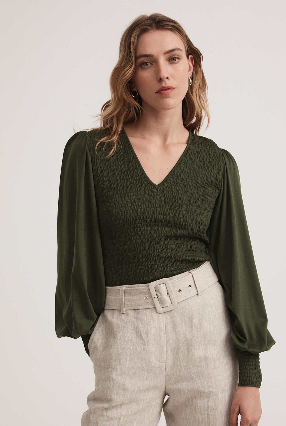 Cotton Blend Shirred V Neck Top