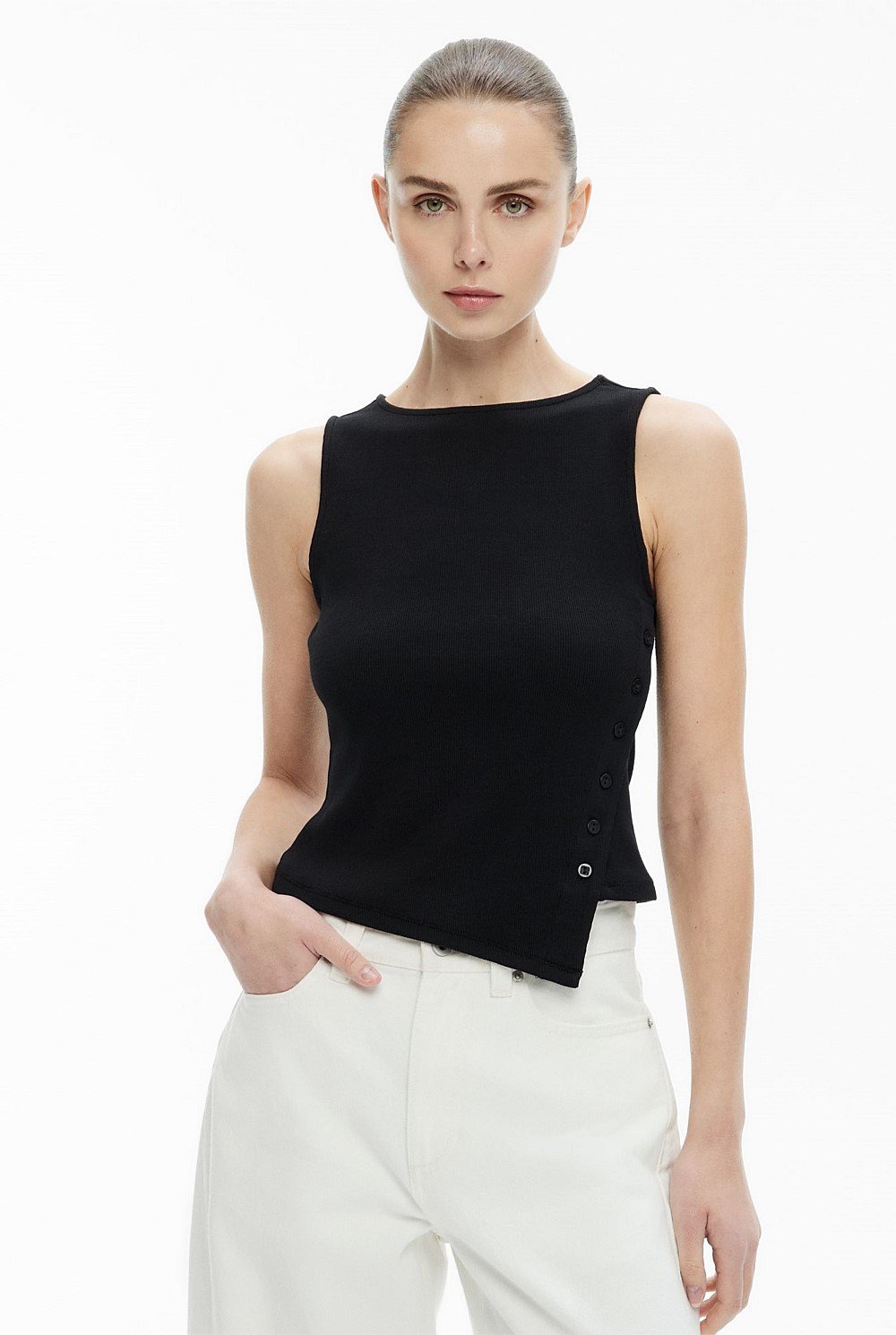 Asymmetrical Button Rib Tank Top