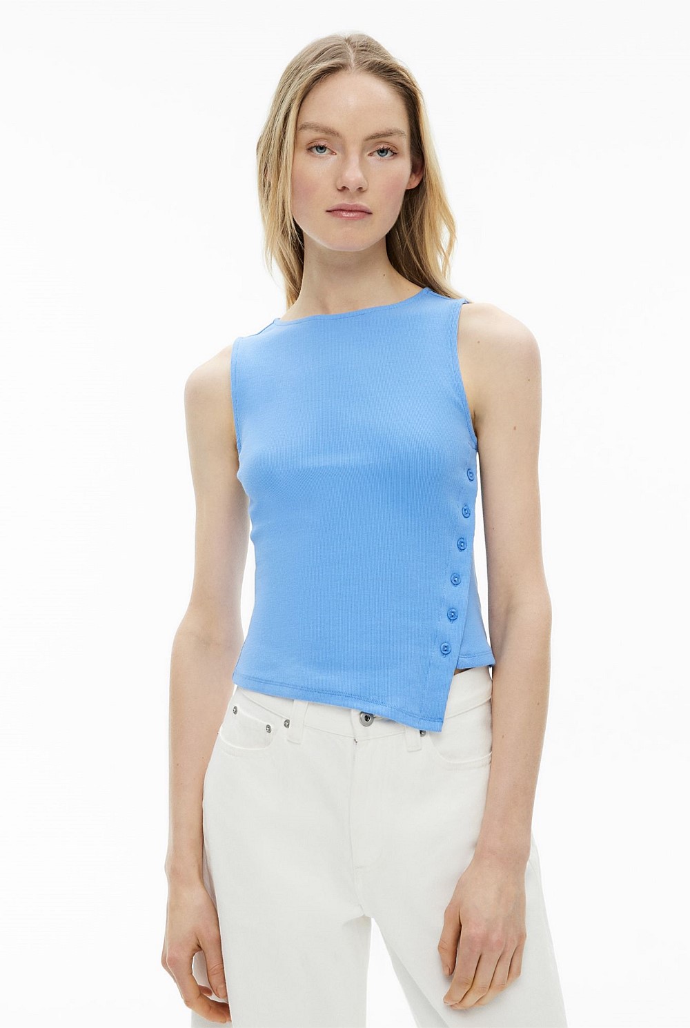 Asymmetrical Button Rib Tank Top