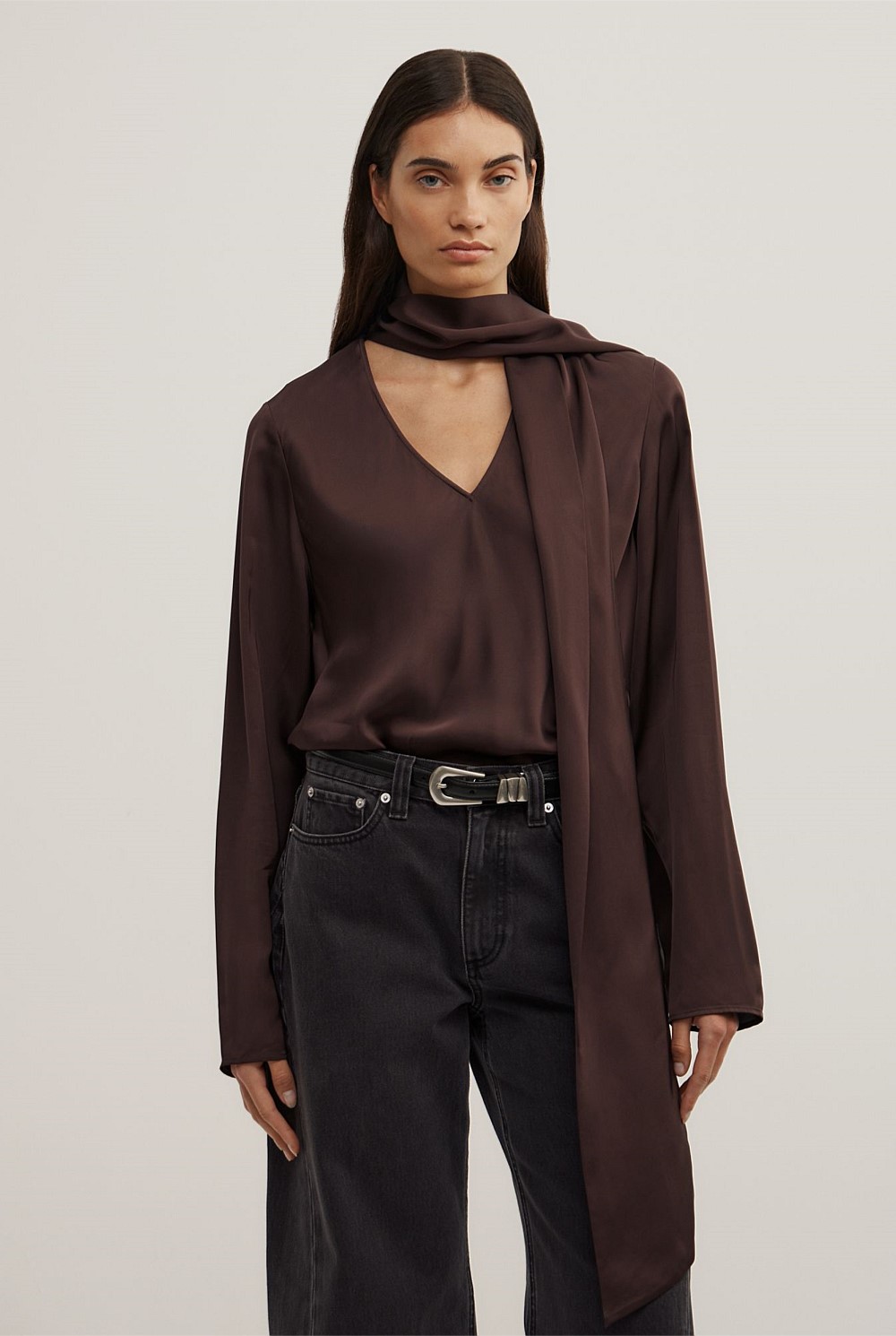 Long Sleeve V-Neck Scarf Top