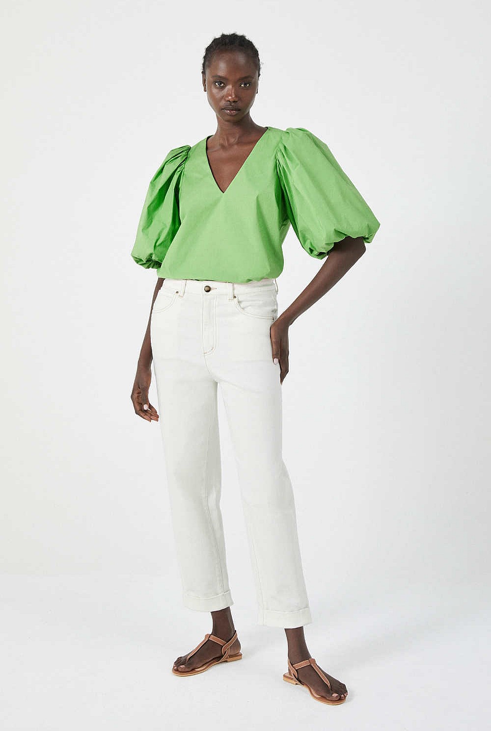 Spring Green Balloon Sleeve Blouse - Women's Short Sleeve Shirts | Witchery