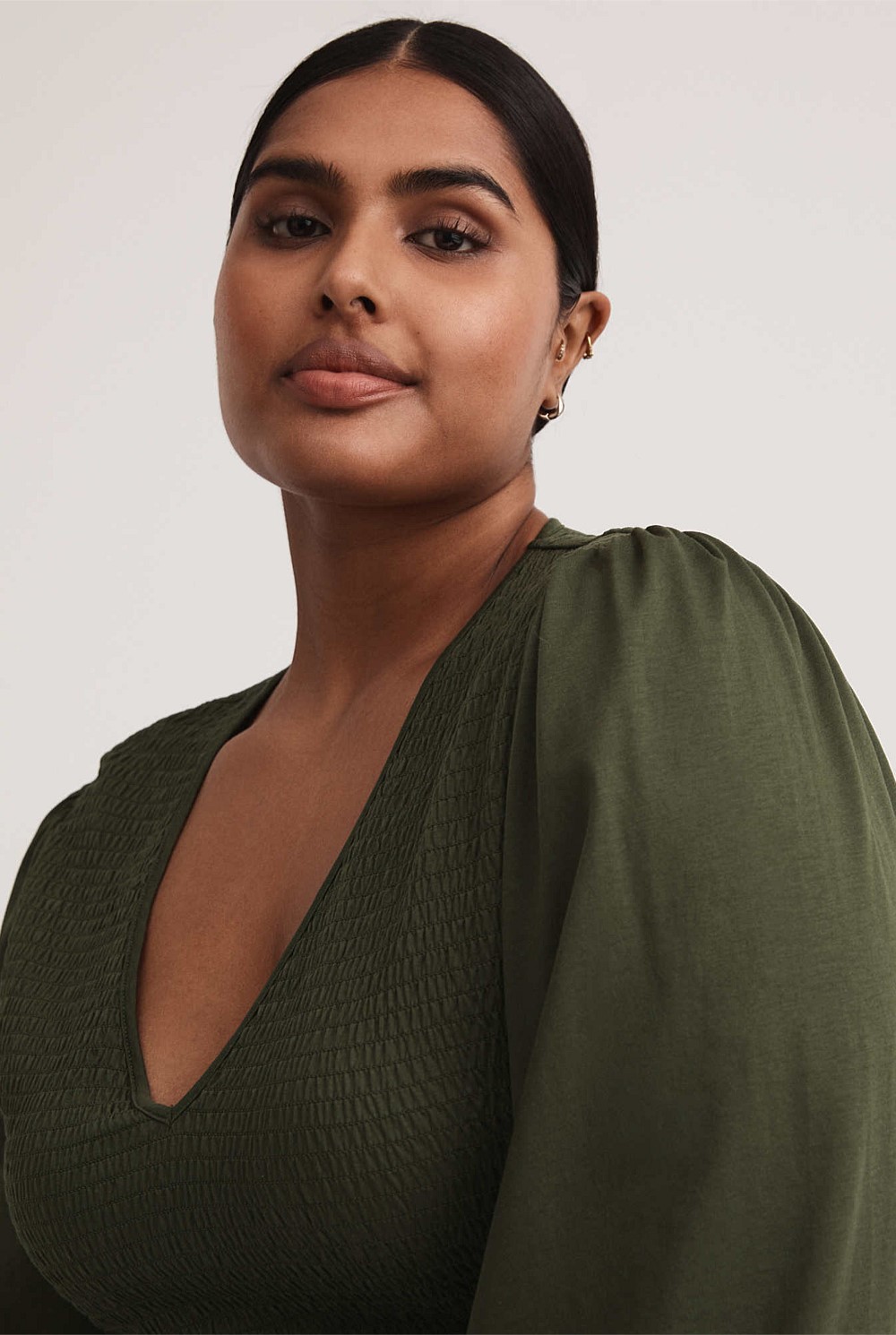 Cotton Blend Shirred V Neck Top