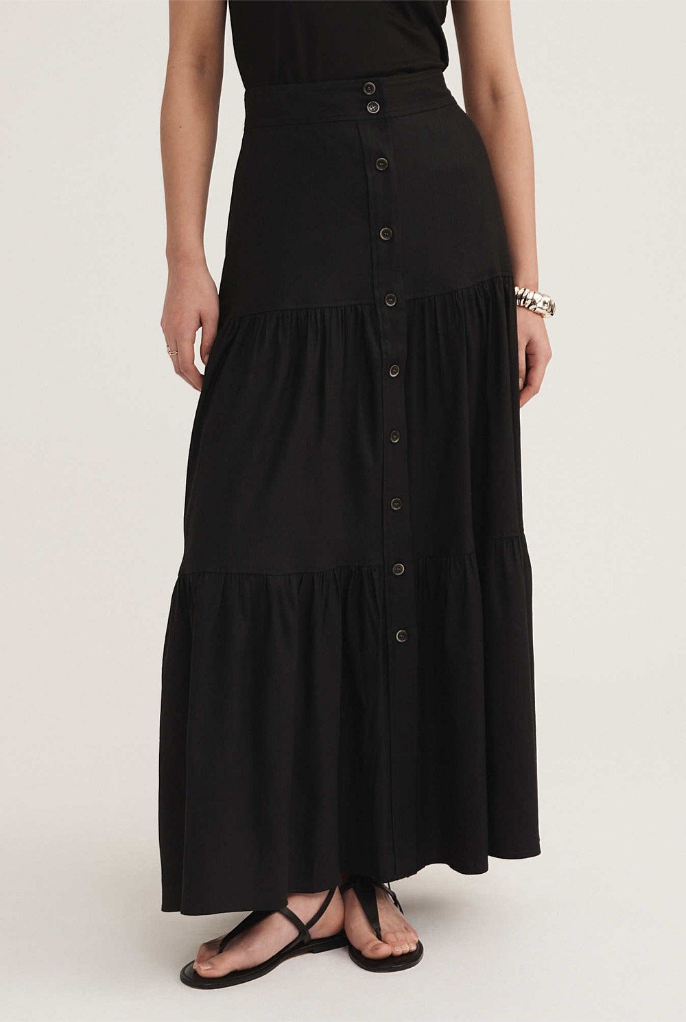 Stretch Linen Viscose Tiered Maxi Skirt