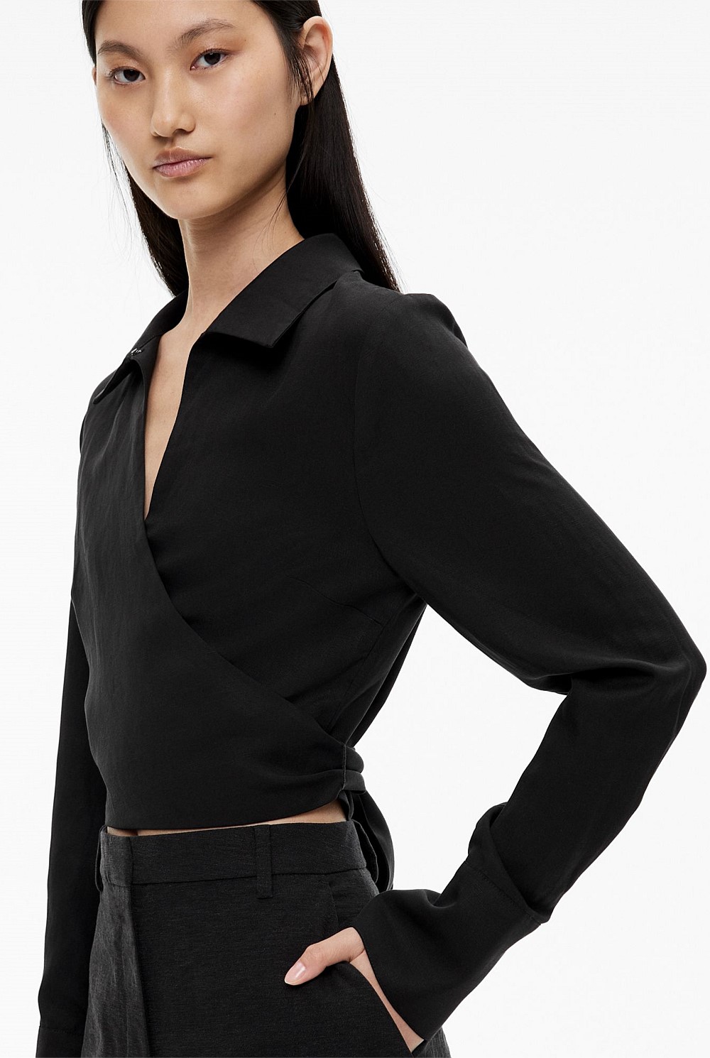 Long Sleeve Tie Crop Shirt