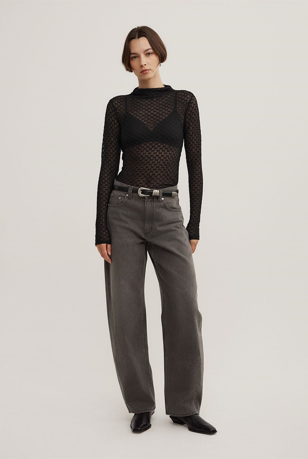 Textured Mesh Long Sleeve Top