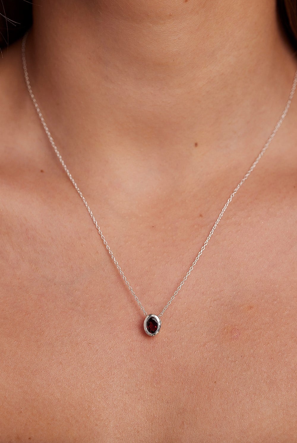 January Garnet Silver Oval Birthstone Necklace