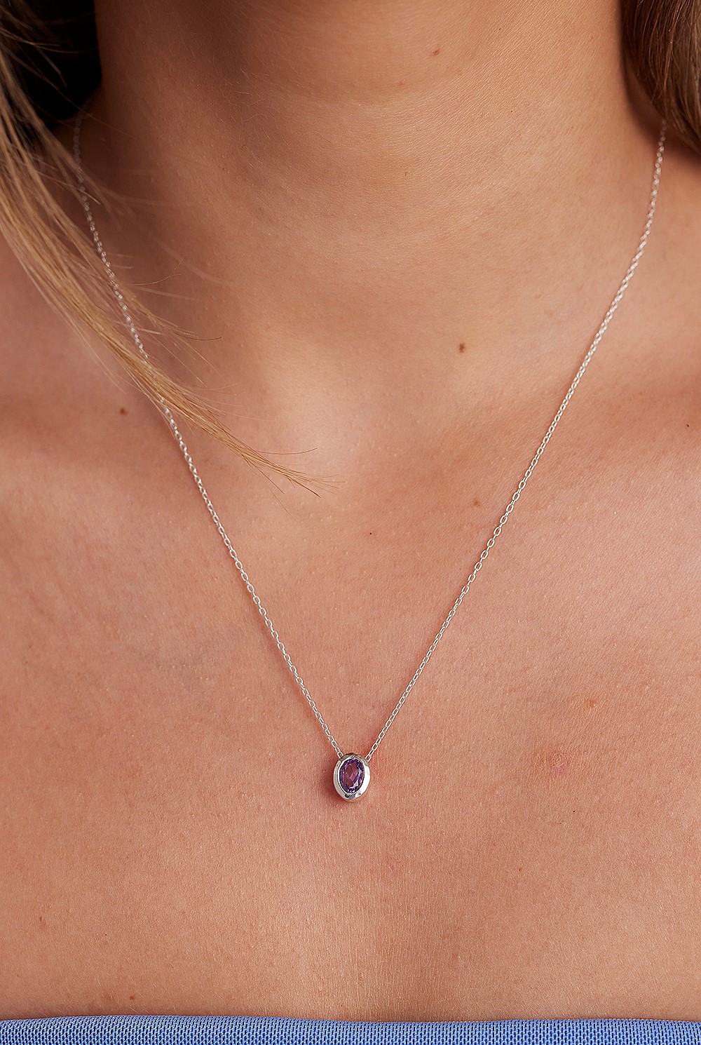 February Amethyst Silver Oval Birthstone Charm